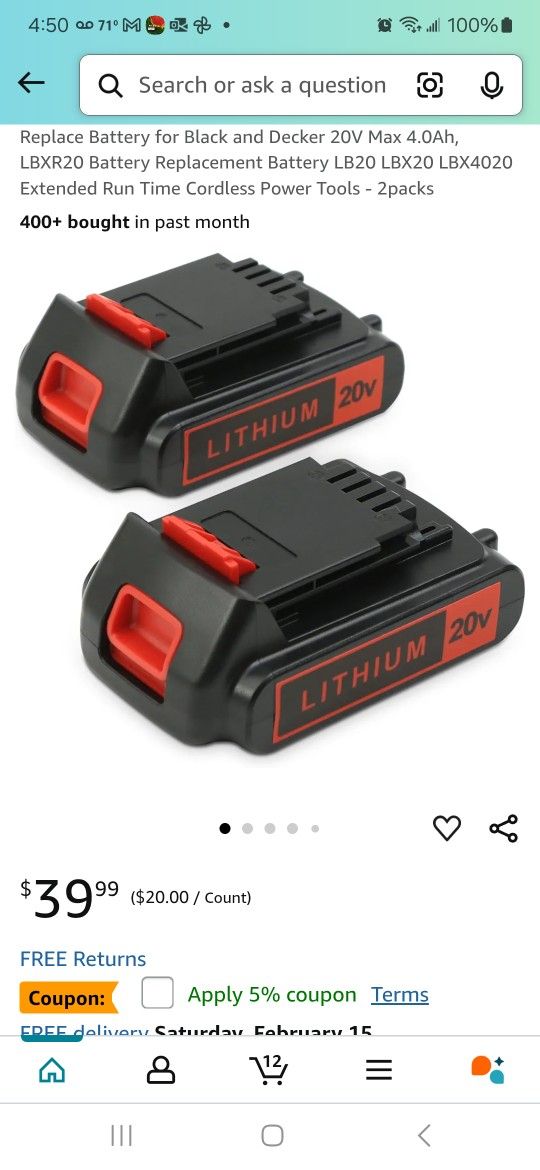 20 V Lithium Rechargeable BATTERY 2 Pack