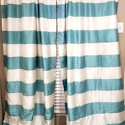 Extra Long Teal & White Striped Satin Finish Curtains 55in x 9ft (108in) 2 Panels
