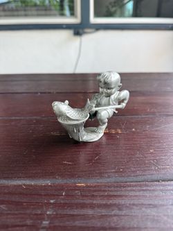 Vintage Pewter Boy with Fish Figurine 3 1/2 x 4 1/2“
