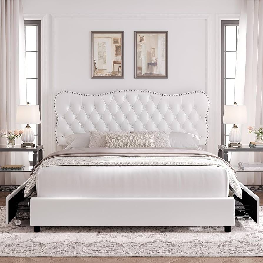Queen Size Bed Frame with 4 Storage Drawers, Upholstered Platform Bed Frame with Button Tufted Headboard, Heavy Duty Mattress Foundation with Wooden S