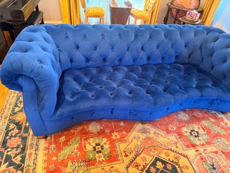 Blue Velvet Tufted Chesterfield Sofa Couch - Vintage Glam Statement Piece