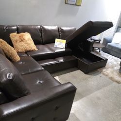 Brown Leather Sectional With Storage And Sleeper ** Same Day Delivery ** $50 Down No Credit Needed
