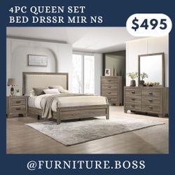 4pc Queen Bed Set - Bed Dresser Mirror Nightstand