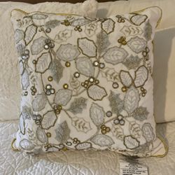 18 X 18 White Throw Pillow With Gold And Silver Embroidery Rhinestones  Piping