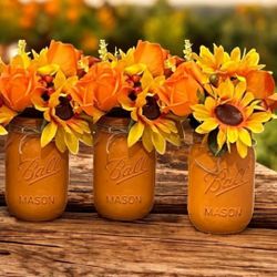 Fall Orange Roses and sunflower Mason Jar Centerpieces 