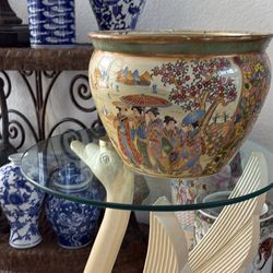 Asian Chinese Chinoiserie Oriental Geisha Girl Koi Fish FLOWER POT FISHBOWL PLANTER. Hand Painted Rose Medallion Satsuma Style 10” Tall X 12" Diam. 