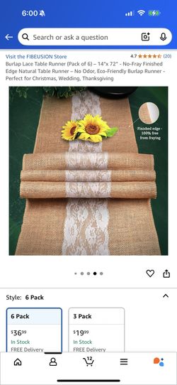 6 Burlap Table runners With Lace