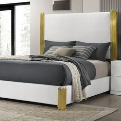 MODERN WHITE QUEEN BED FRAME & MATTRESS WITH BOX SPRING 
