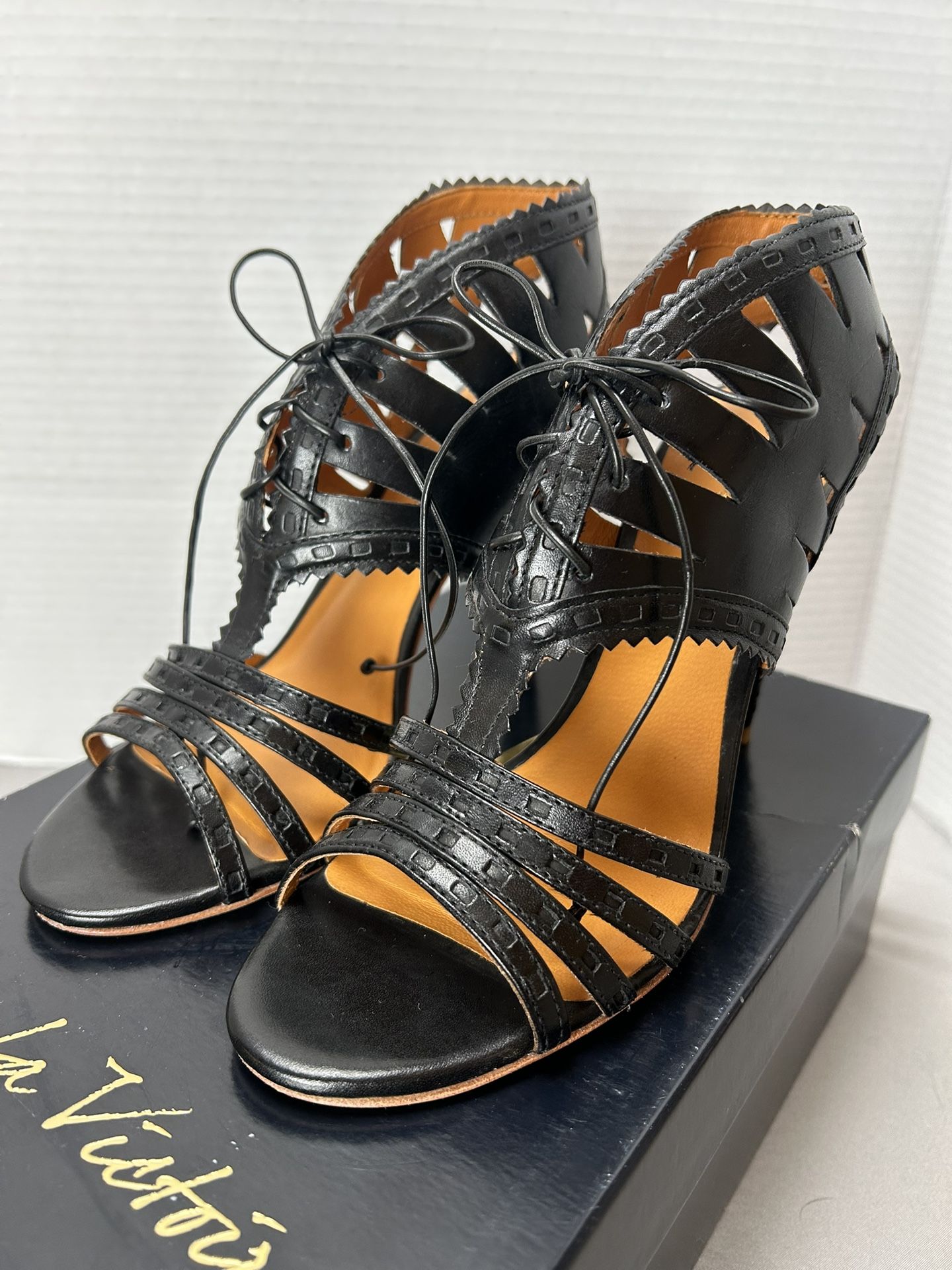 Pour La Victoire | Women’s Lace Up Lattice Cutout Pump Heel Sandals | Black Leather