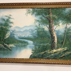      Original Landscape Oil Painting – Hand-Painted on Canvas Size: 72” W × 36” H (183 × 91 cm) Medium: Oil on canvas Frame: Ornate vintage gold fram