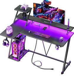 47 Inch L-Shaped Gaming Desk with LED Lights, Power Outlet & Storage Shelf