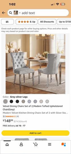 Velvet Dining Chairs Set of 2, Modern Tufted Upholstered Chair (Grey)   30 $80