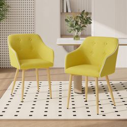 Dining Chairs Set of 2, Mid-Century Modern Chairs with Thick Cushions and Wood Legs, Yellow