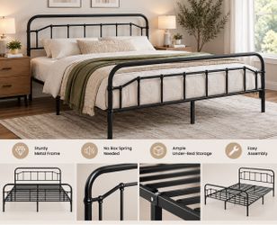 Black Metal Platform Bed Frame with Headboard