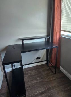Black L-Shaped Desk with Monitor Shelf