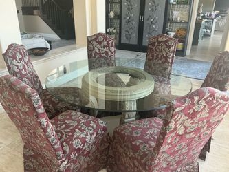 Formal Round Glass Dining Table + 6 Upholstered Chairs — Yorba Linda