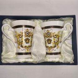 Vintage Pair Donatella Versace (DV) Porcelain Logo Medusa Cafe Coffee Cups Mugs