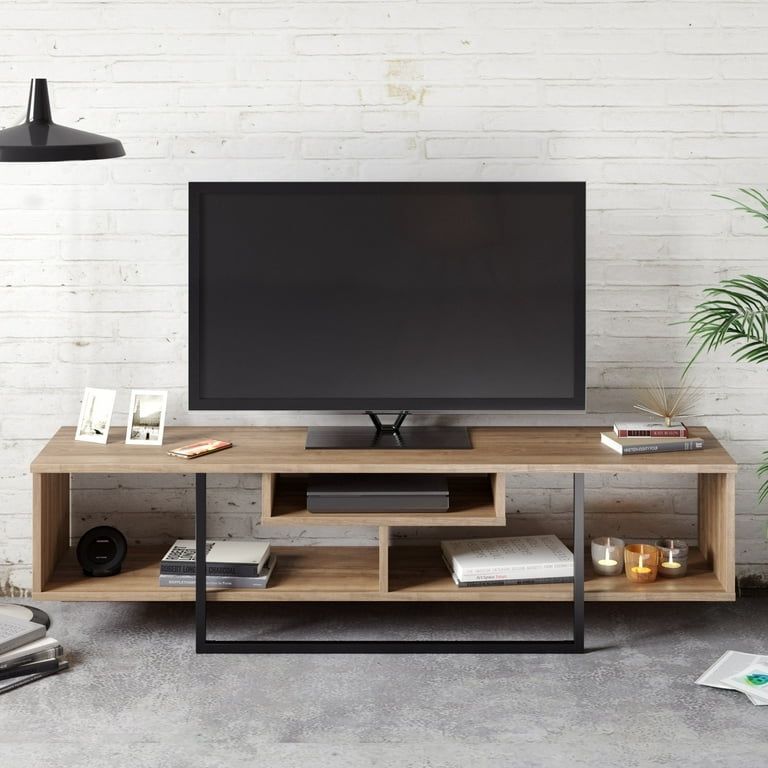 59" Modern Metal Frame Wood TV Stand -Walnut/Black