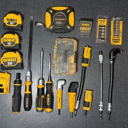 DEWALT Tool & Accessory Lot – Tape Measures, MAXFIT Bits, Right Angle Attachments + Bag