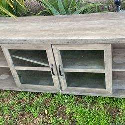 70" Farmhouse Metal X TV Stand with Adjustable Shelves in Gray Wash