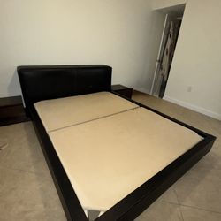 Queen Leather Bed Frame And Solid Wood Night Stands