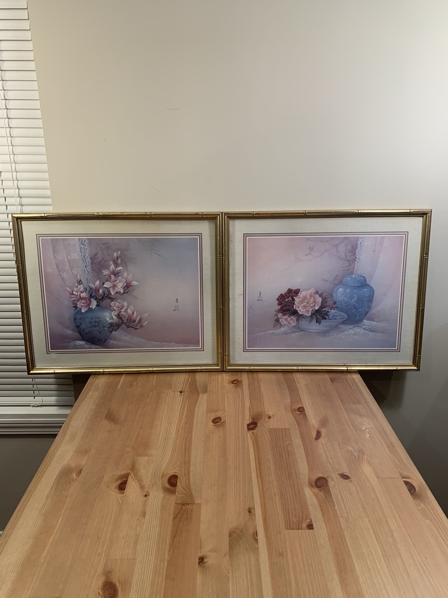 Lena Liu Signed & Numbered Two Vintage Print The Gallery LTD.  Vase Of Flower Art Wood; Flowers, Bowl And Jar. W20”-H18”.