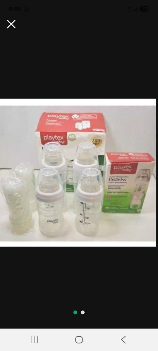 Playtex Newborn Nurser Bottles Gift Set BPA Free + 50 Drop in Liners 4 oz - NEW