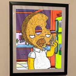 Custom Art Piece Of Homer Simpson Donut Head in black frame