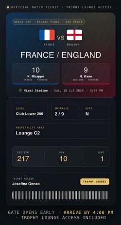 FIFA World Cup FRANCE VS ENGLAND 2026 3rd Place Match – Trophy Lounge Access