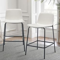 Modern PU Leather Bar Stools Set of 2, Counter Height 24" Bar Stools, in White. New. Unassembled In Box 