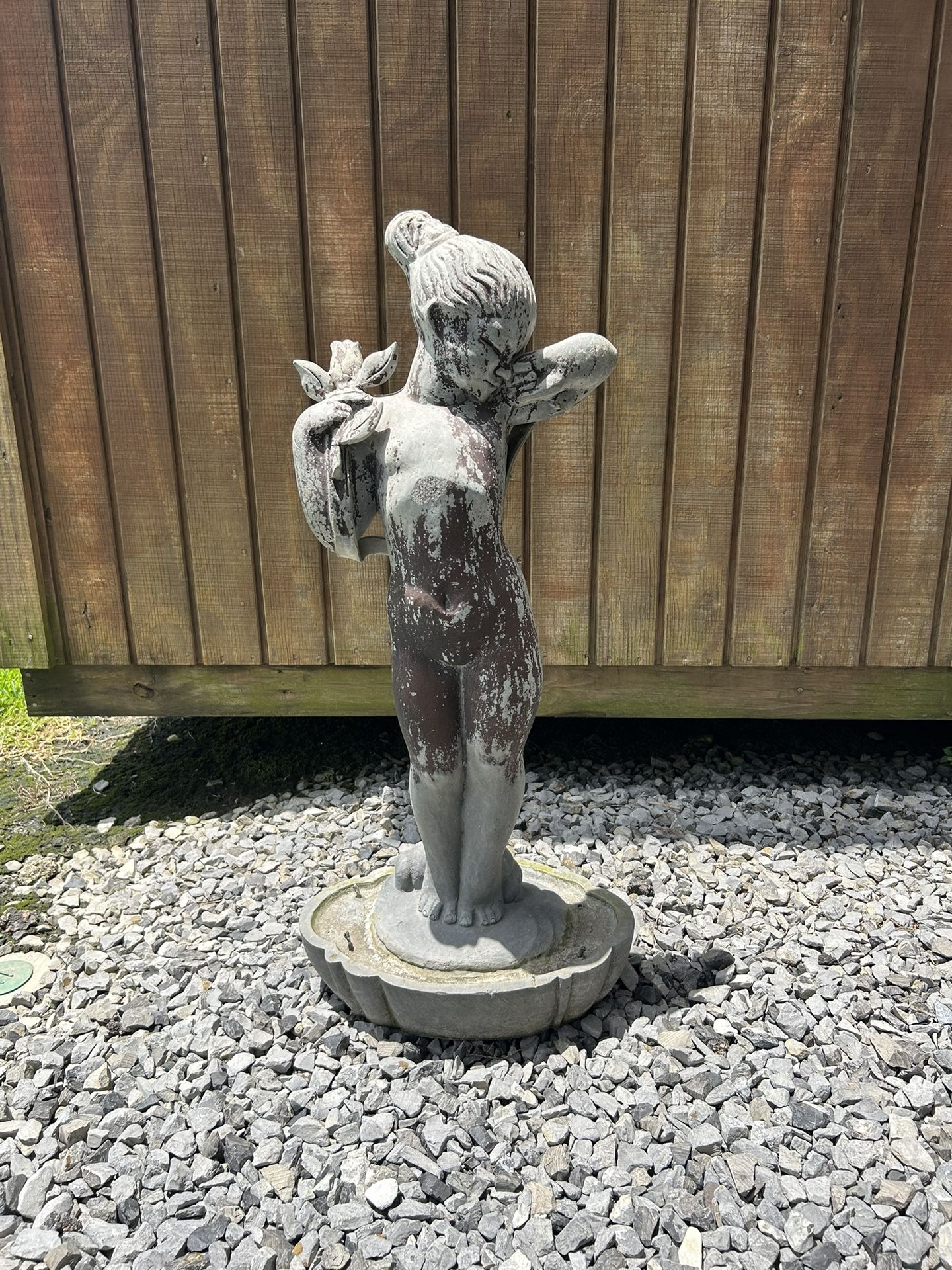 Solid Metal Cherub With Rose Statue