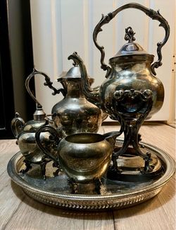 Vintage Silver-Plated 5-Piece Tea & Coffee Service Set with Tilting Kettle, Stand, & Serving Tray