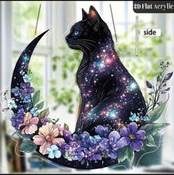 Celestial Black Cat Moon Wreath Suncatcher