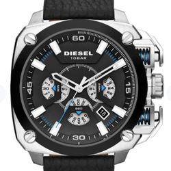 Diesel Silver+ Black Tone Black Leather Band 