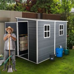 8 Ft. x. 4 Ft. Gray w/ White Trim Outdoor Resin "Lean-To" Garden Shed / Tool Storage [NEW IN BOX] **Retails for $803 ^Assembly Required^