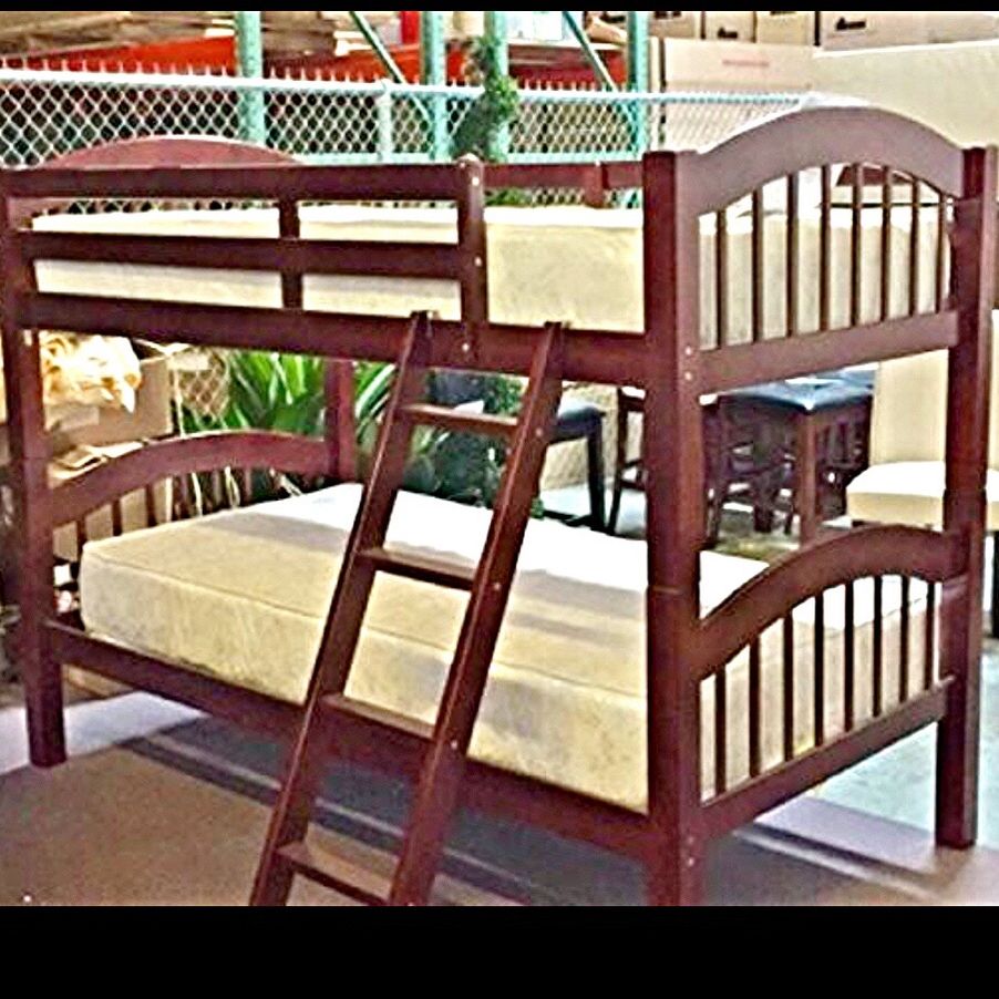 Twin Over Twin Wooden Cappuccino Bunk Bed Frame With Two New Mattress 