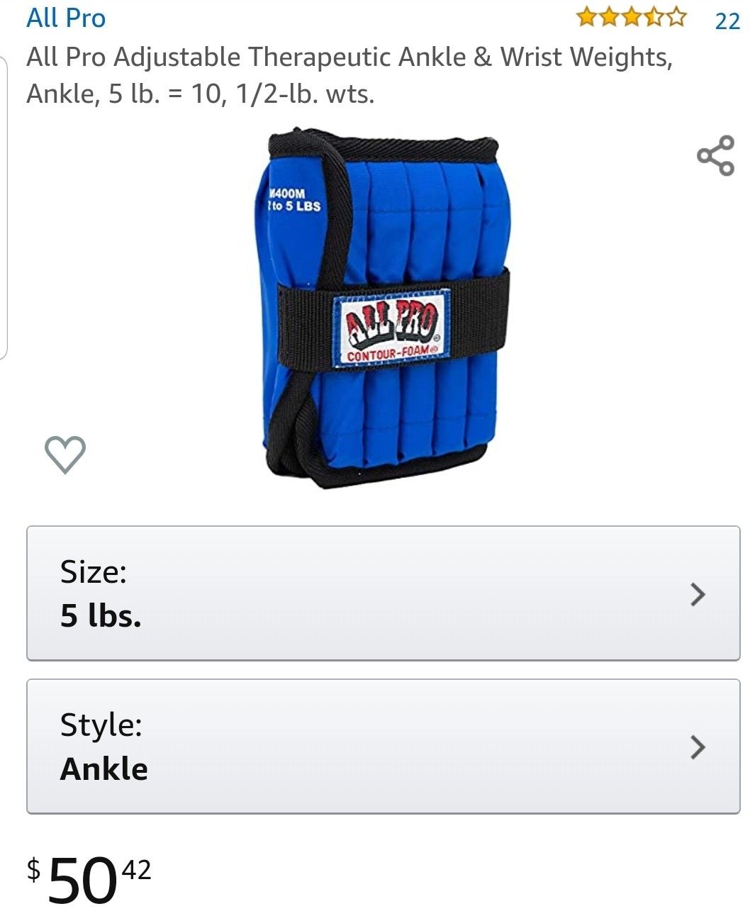 All Pro 10lb Adjustable Ankle Weights