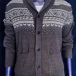 Levi's Cardigan Sweater Men's M Gray White Fair Isle Knit Shawl Collar 60/40