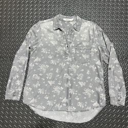 Love 83 Tunic Shirt Floral Top Roll Tab Sleeve Collared Lyocell Womens Large