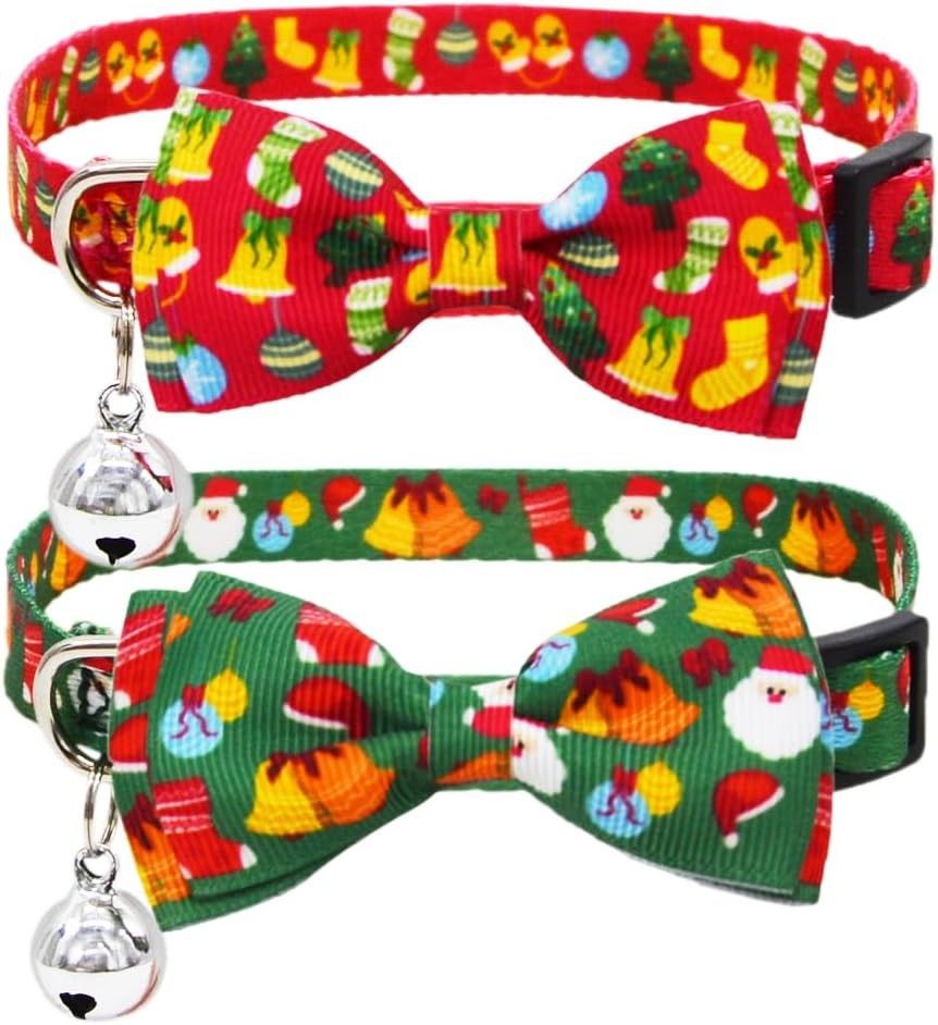 Christmas Breakaway Kitten Cat Collars with Bow Tie and Bell 2pc