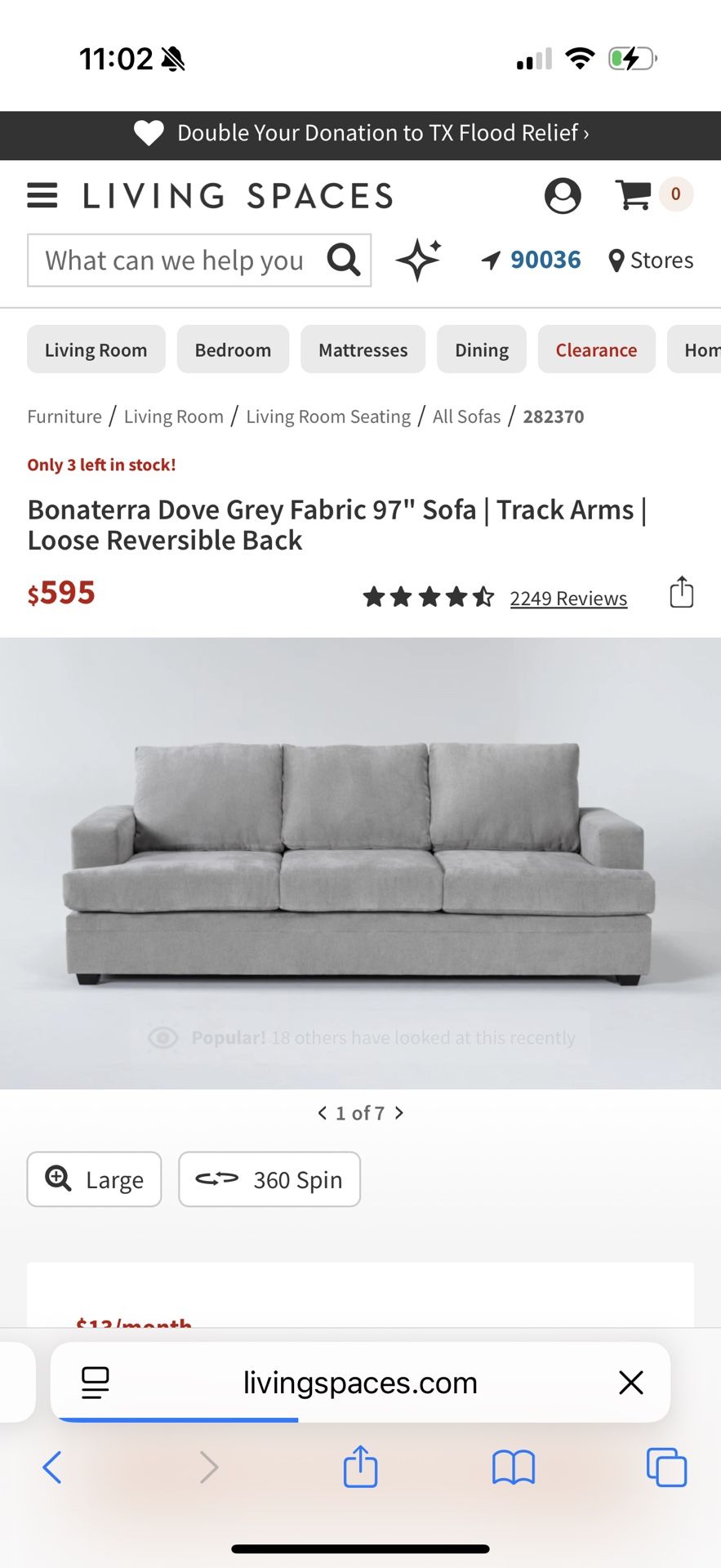 Living Spaces Sofa 97’ $350