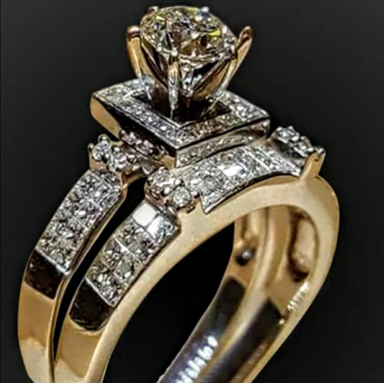 2pc Bridal Wedding Ring Set Platinum and Rhodium Plated sz 9/10