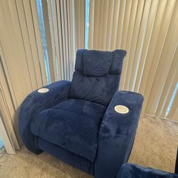 Set Up Two Blue Reclining, Rocking Chairs