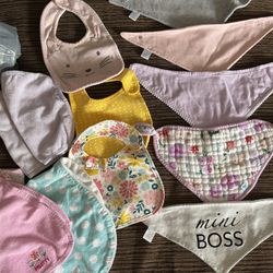 Baby Girl Bibs, Wash Cloths, Burp Cloths And Drool Bandanas (Some New & Rest Good Condition)