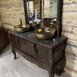 Grand European-Style Double Sink Vanity – Ornate Wood Cabinet with Marble Top ✨