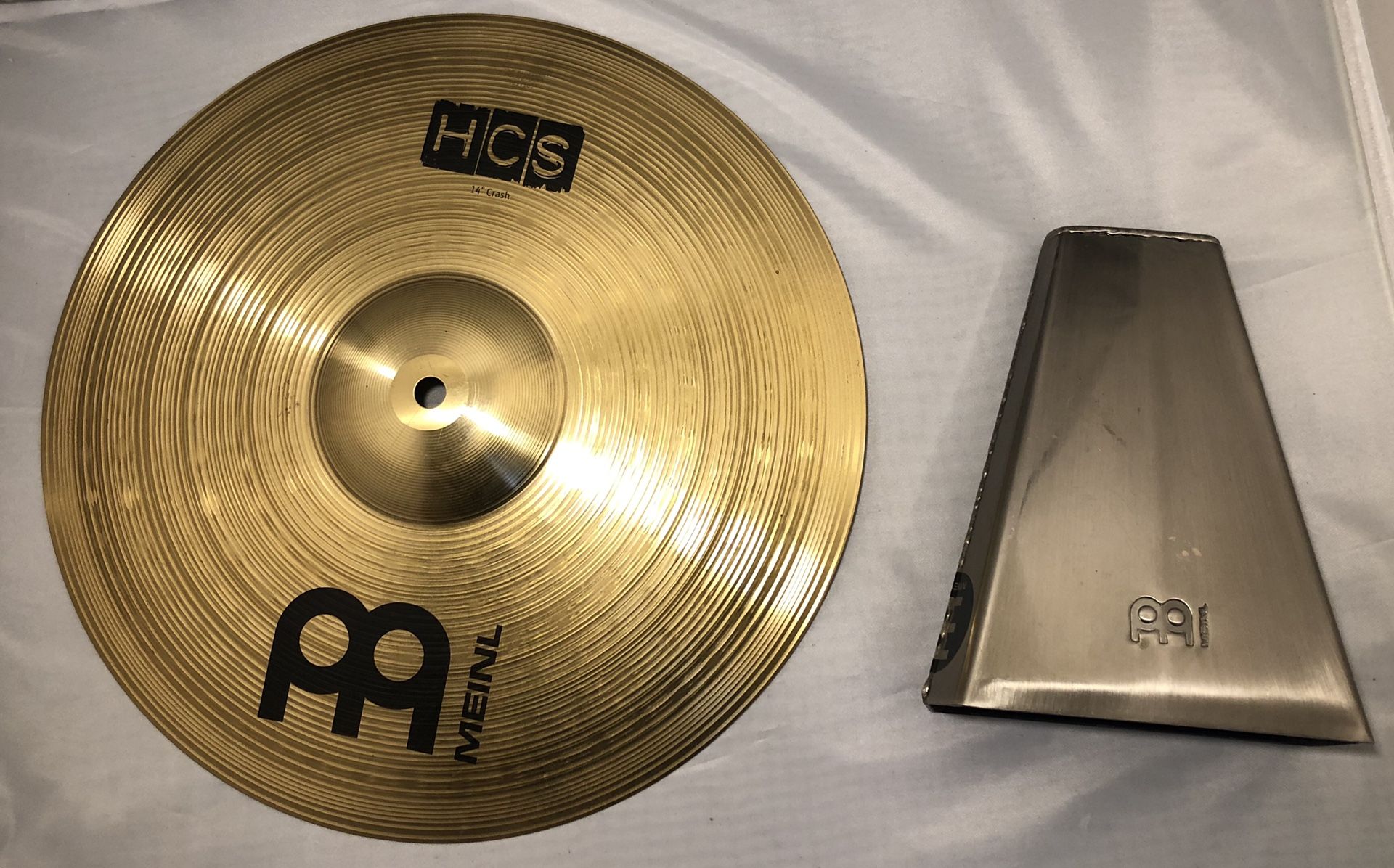 Meinl 14” Crash Cymbal – HCS Traditional Finish Brass for Drum Set, Made In Germany, (HCS14C) & Meinl STB815H Hand Cowbell