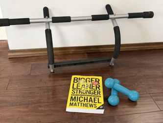 Pull Up Bar, Pair Of Weights, & Exercise Book