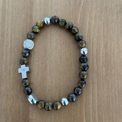 Tiger’s Eye Saint Benedict Bracelet Cross Charm Catholic Protection Stretch Beads 