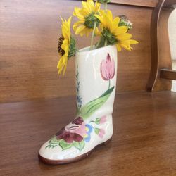 Adorable Floral Painted Small Glazedu Ceramic Boot Flower Vase 
