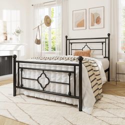 Allewie Twin Size Metal Platform Bed Frame, Victorian Headboard, Black